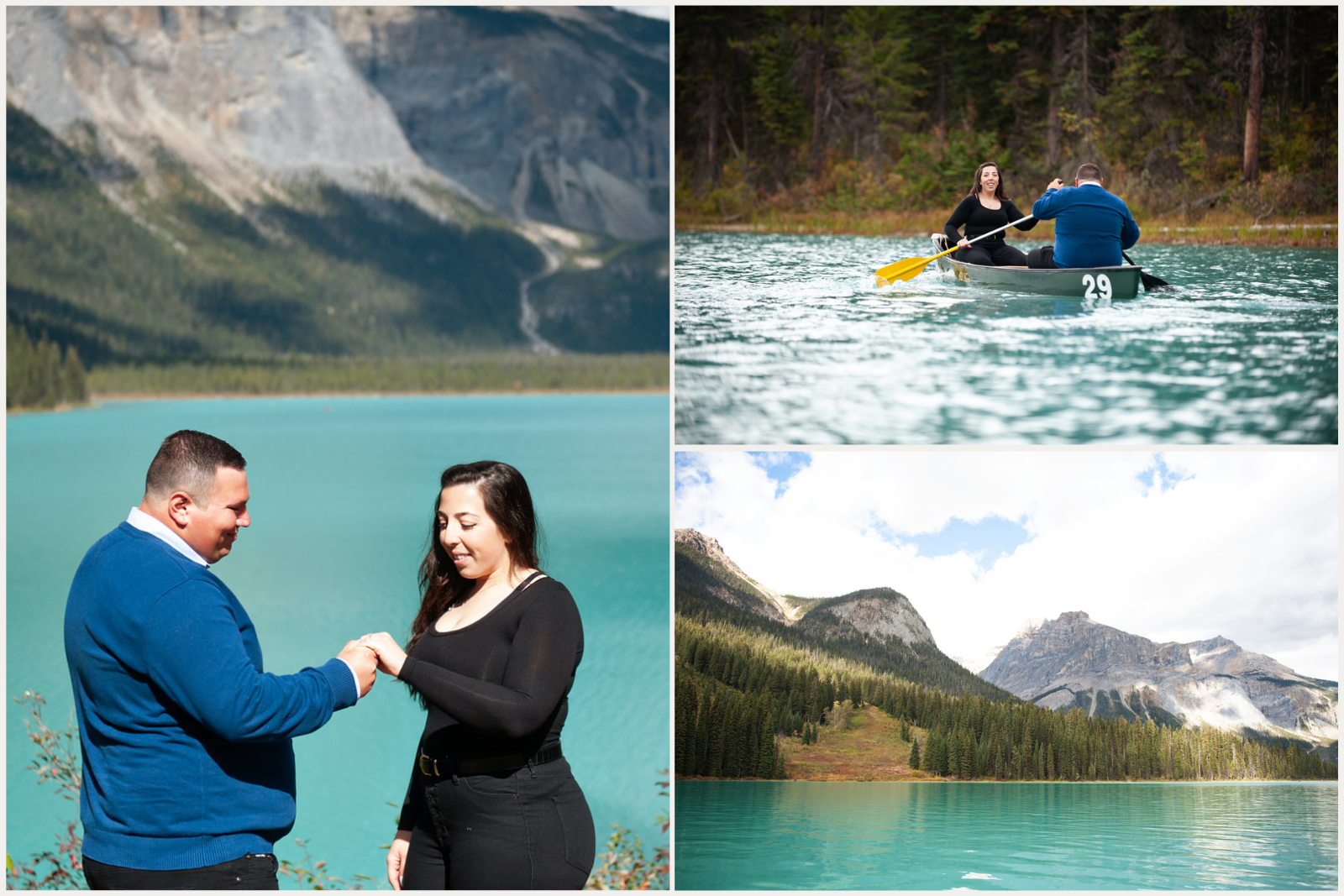 Man proposes to woman at Emerald Lake Alberta, they celebrate by kayaking through the lake surrounded by mountains and lush forests