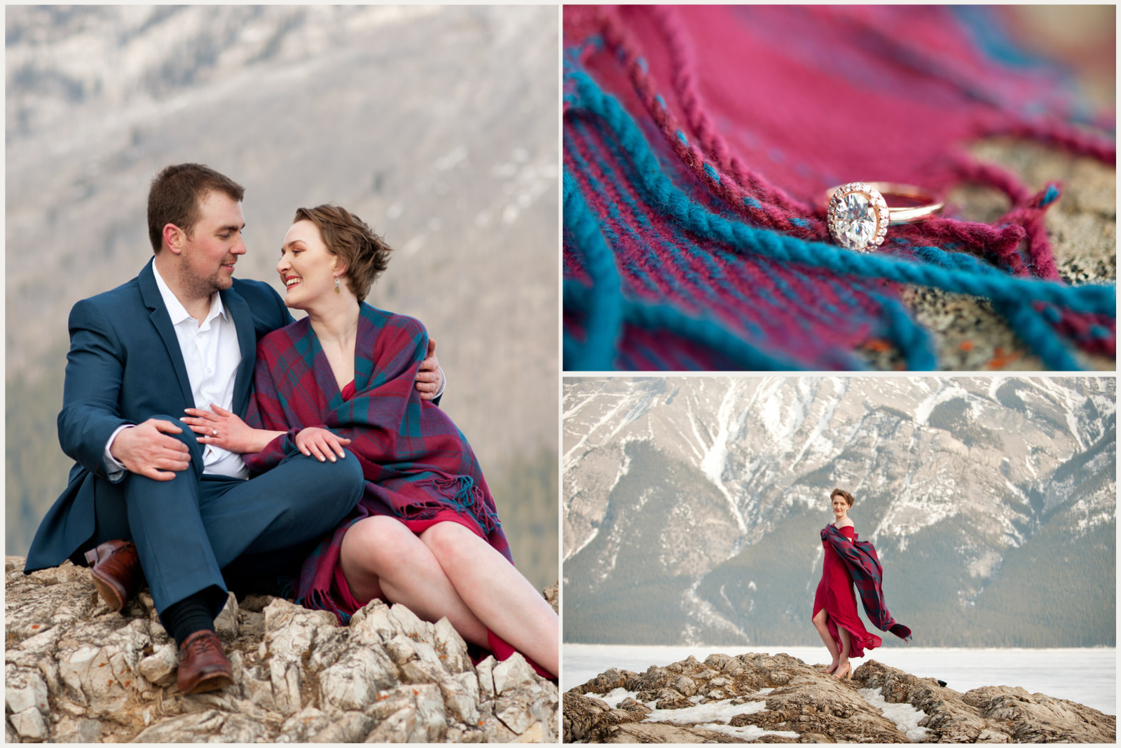 Marriage proposal at Lake Minnewanka Alberta with snowy mountains and icy lake in the background