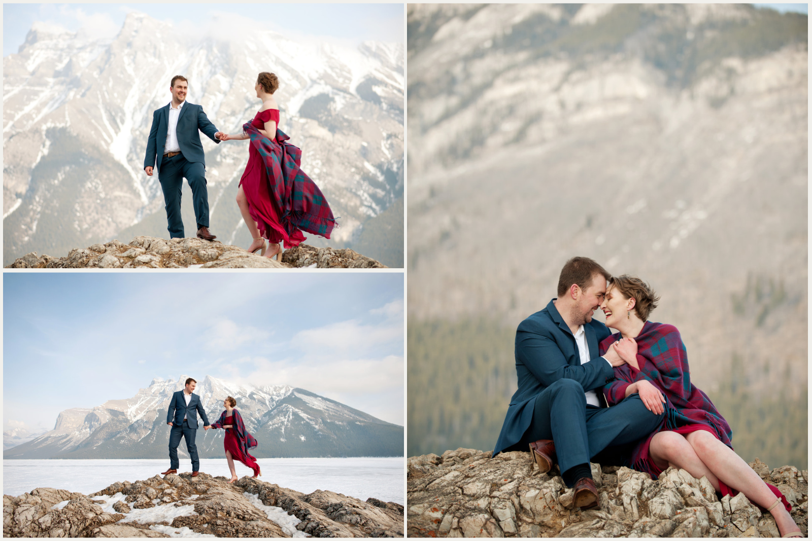 Marriage proposal at Lake Minnewanka Alberta with snowy mountains and icy lake in the background