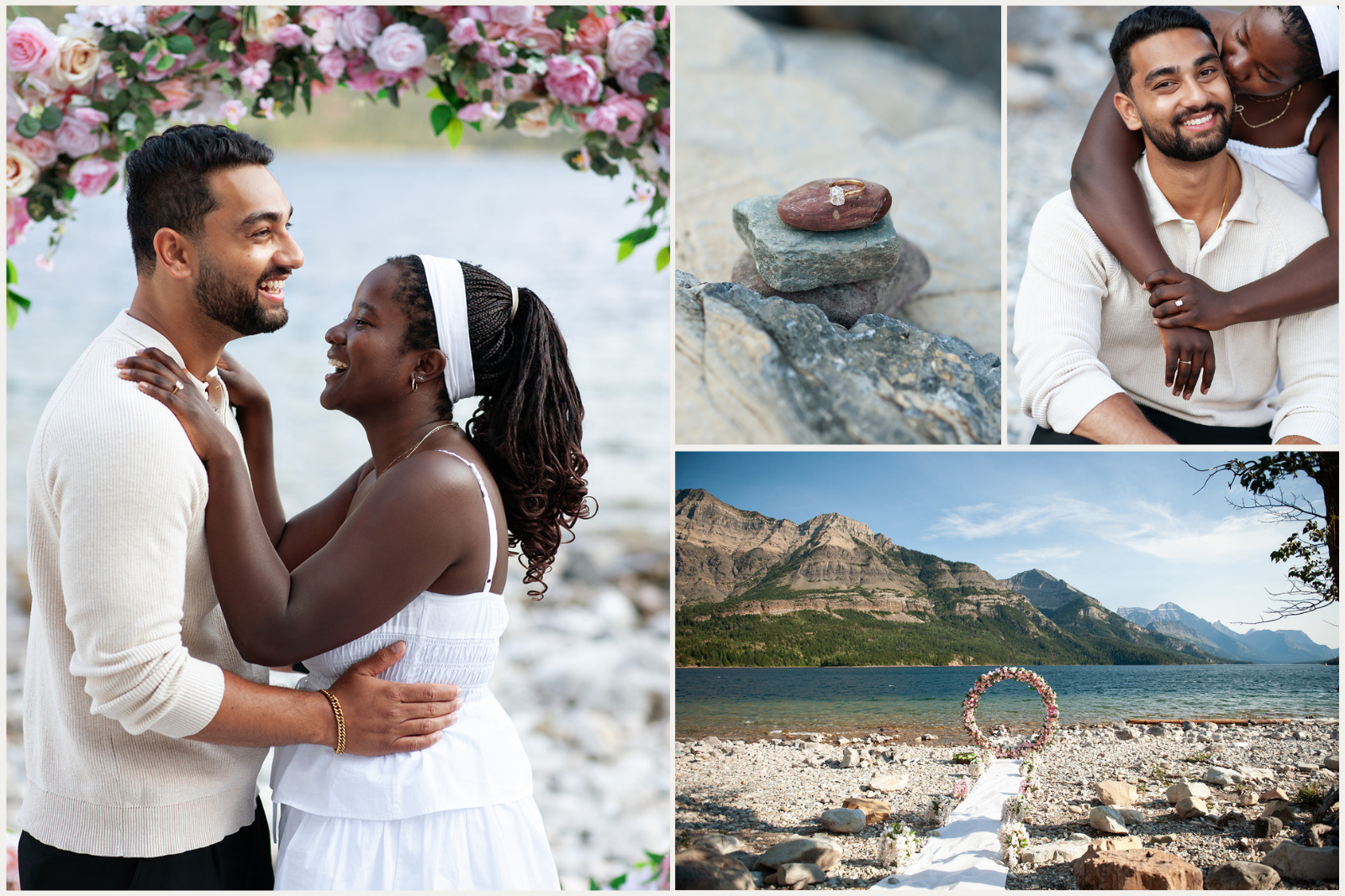 Marriage proposal at Waterton Park Alberta decorated with floral circle arch and aisle runner
