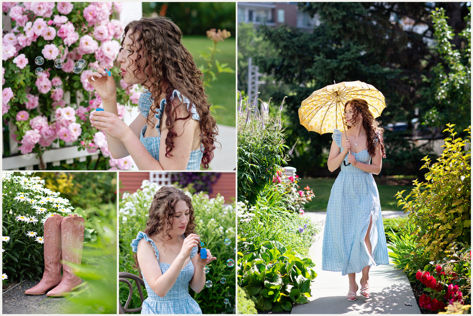 Woman at Deane House rustic barn ceremony blowing bubbles and walking around in blue plaid dress holding yellow umbrella