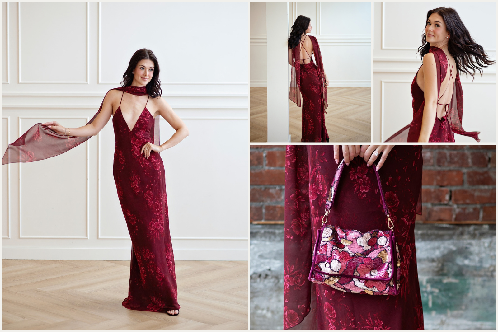 Wedding guest fall dresses long dark red dress with beaded bag