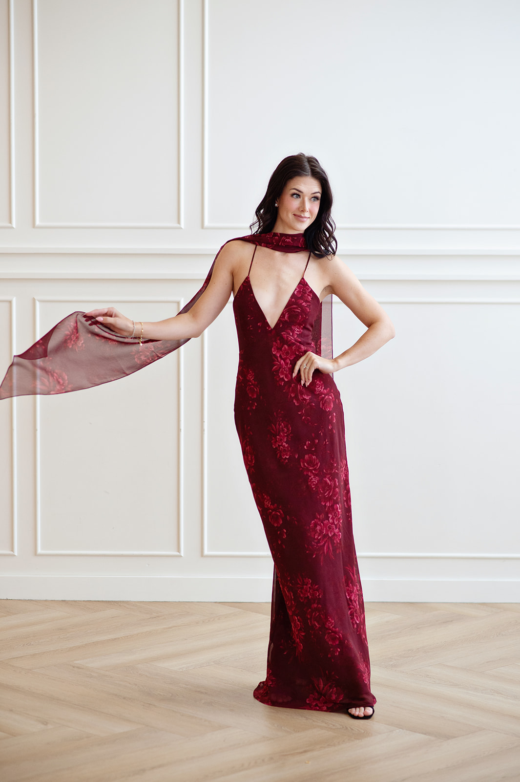 Wedding guest wearing red fall dress photographed by Tara Whittaker Photography
