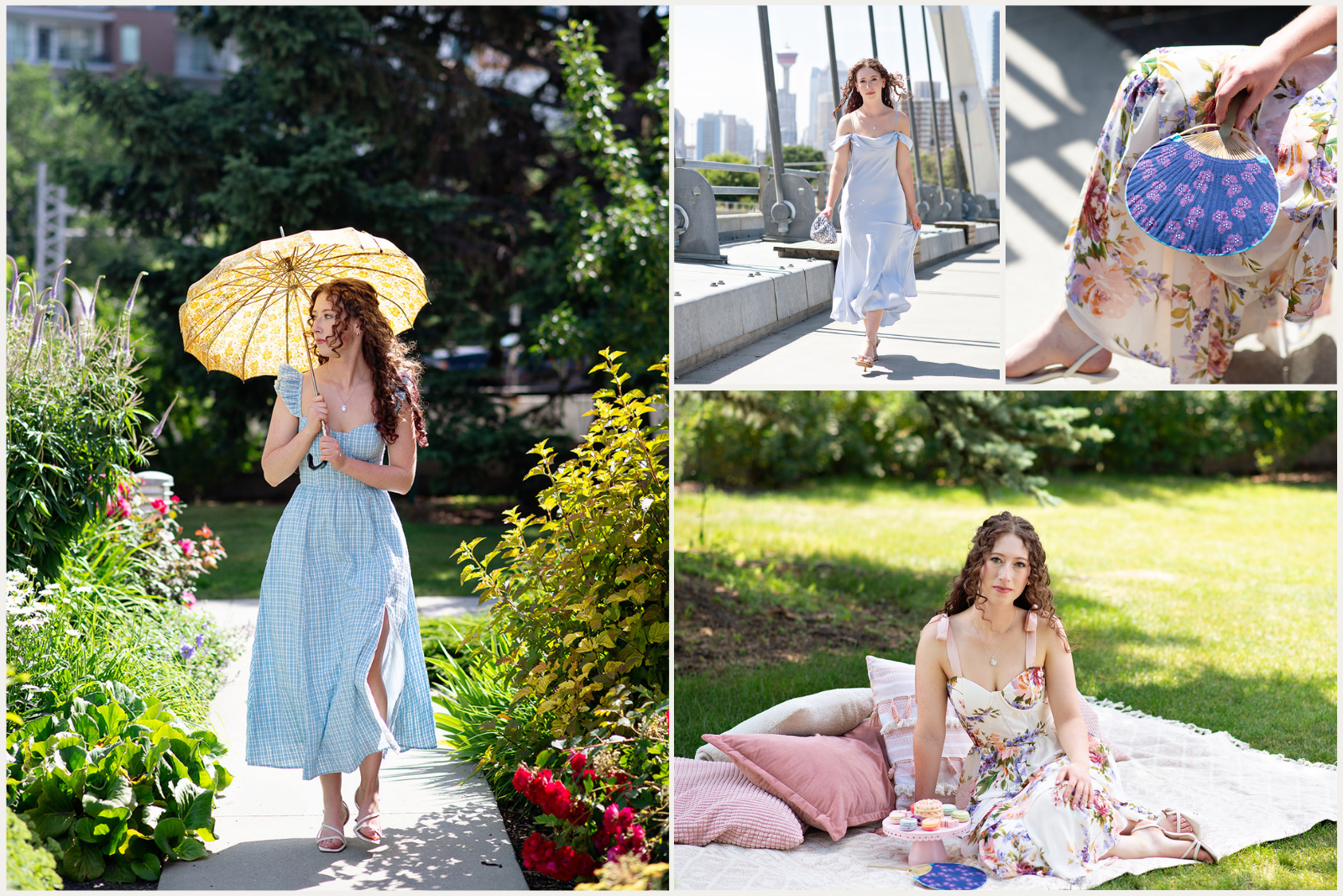 Wedding guest in summer dresses at Deane House Calgary holding an umbrella and fan