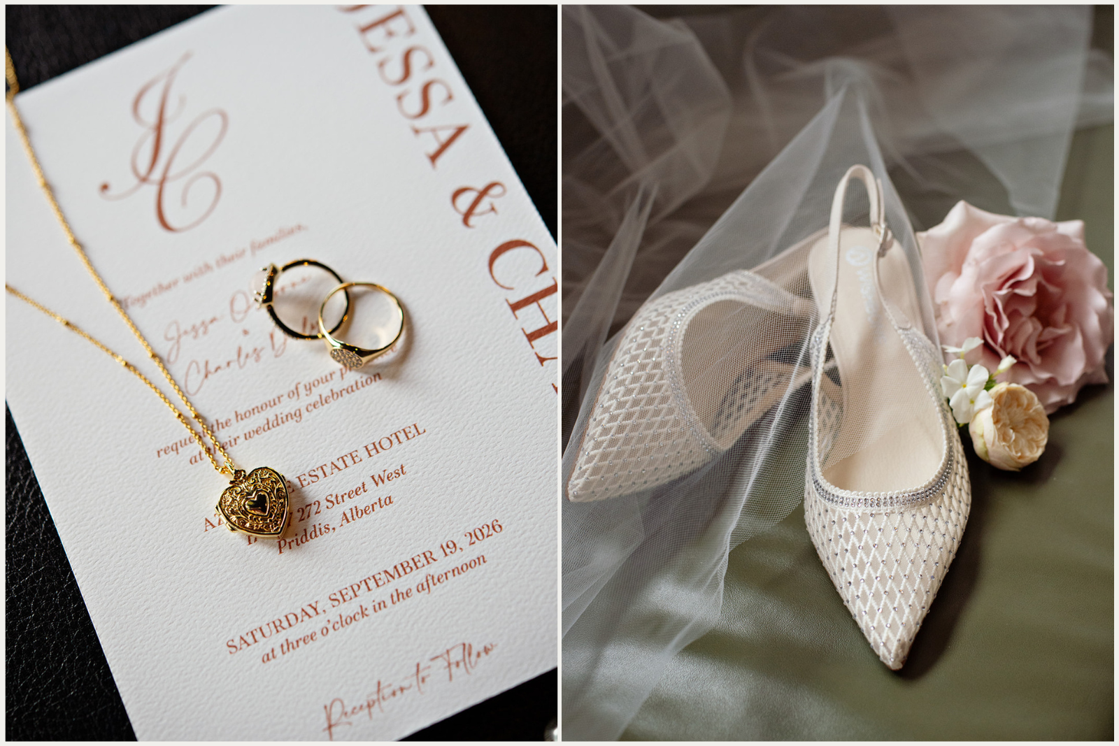 Detail photos of wedding rings on invitation and heels under veil next to florals