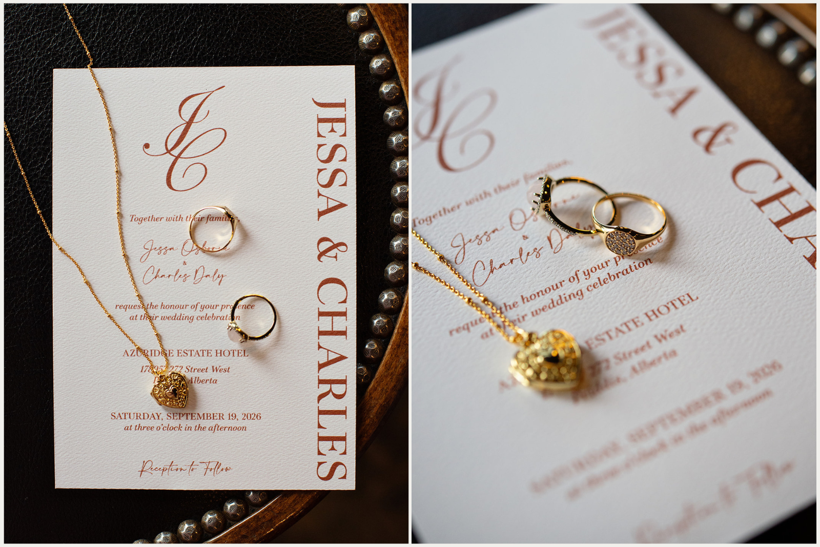 Detail photos of wedding rings and necklace on invitation
