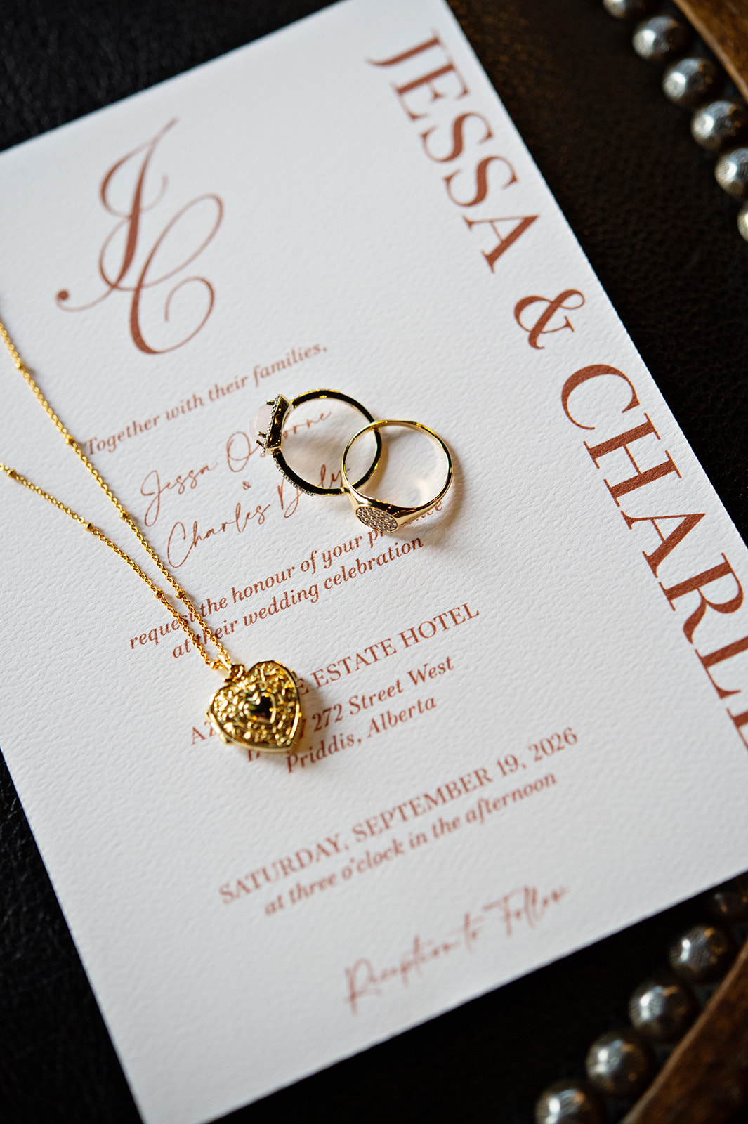 Detail photo of wedding invitation with wedding rings and jewelry